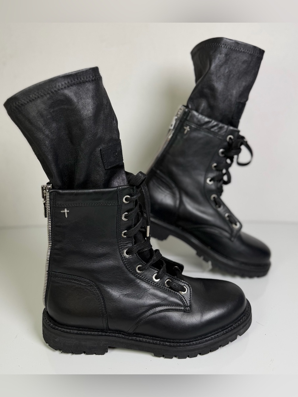 RtA Black Leather Combat Boot Sock Hybrid Back Zip Lug Sole Made Italy NEW Sz 9